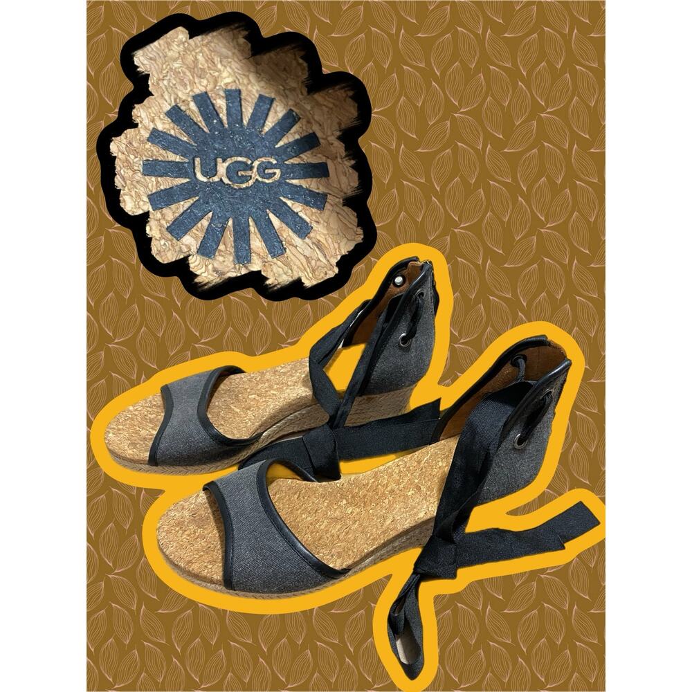 UGG Women's Amell Sandal Size 7 Wedge Espadrille Ankle Wrap Cork Footbed Gray